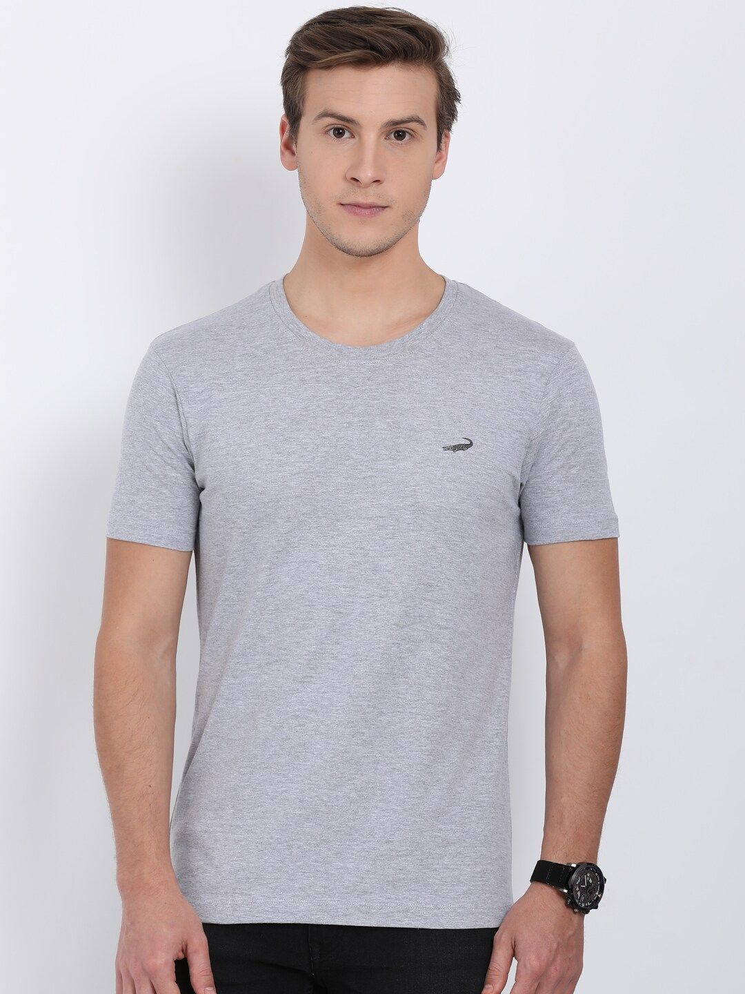 Crocodile Men Grey Solid Cotton T-shirt