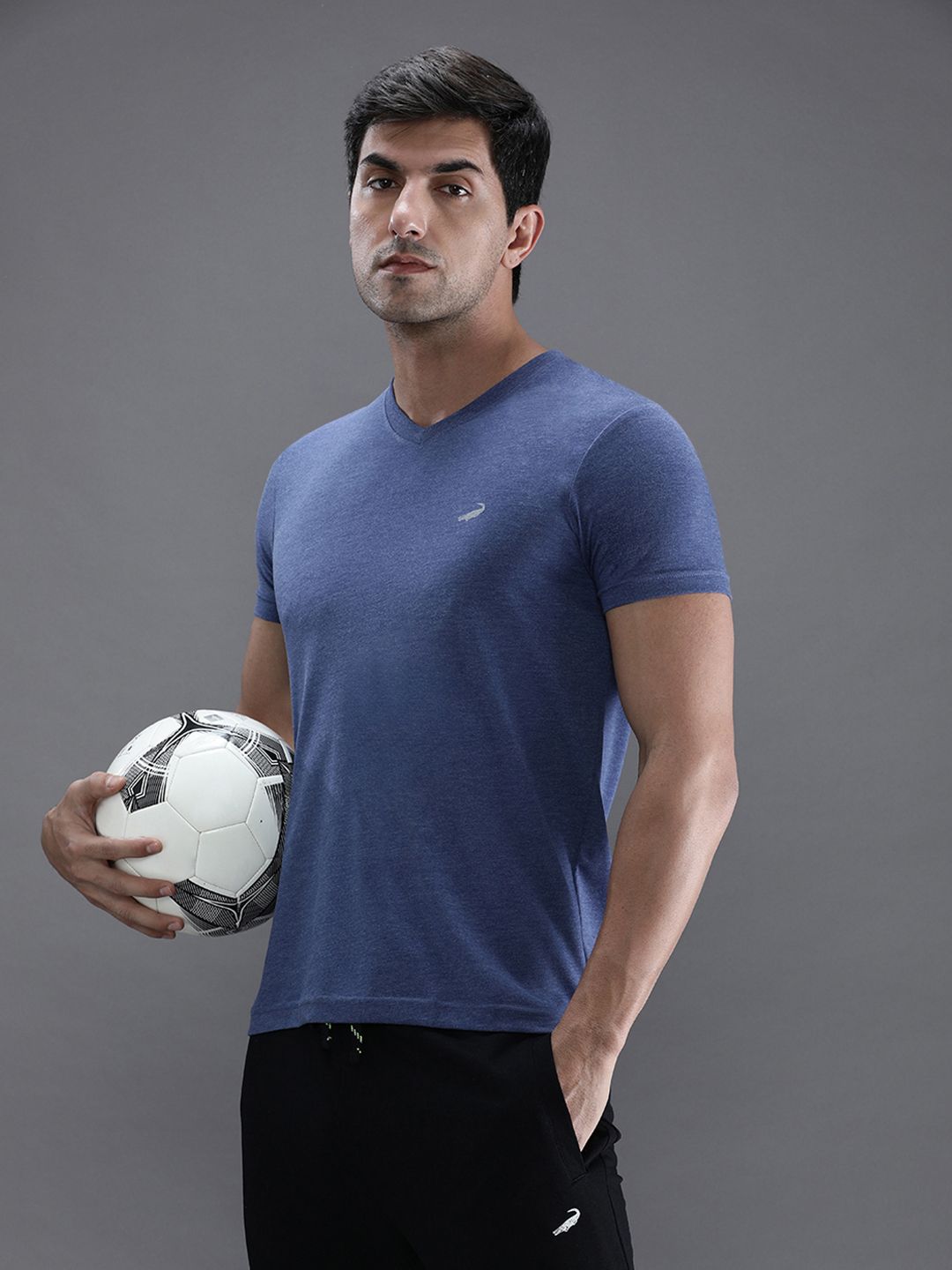 Crocodile Men Blue V-Neck Cotton T-shirt