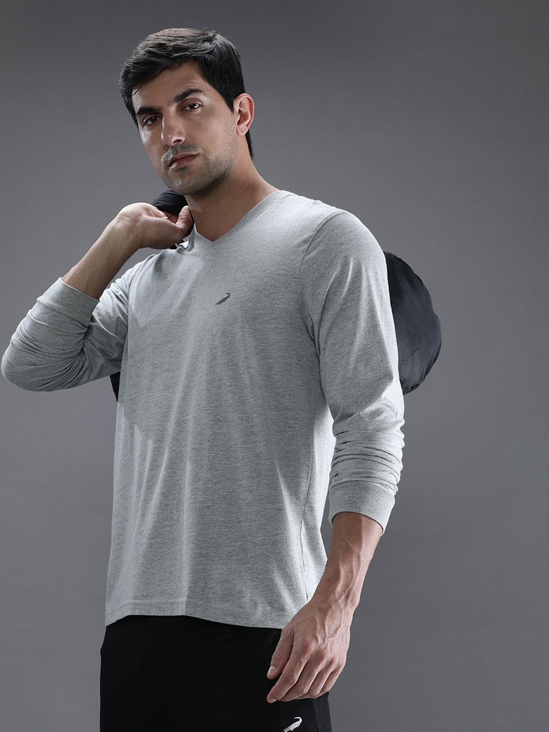 Crocodile Men Grey V-Neck Cotton T-shirt
