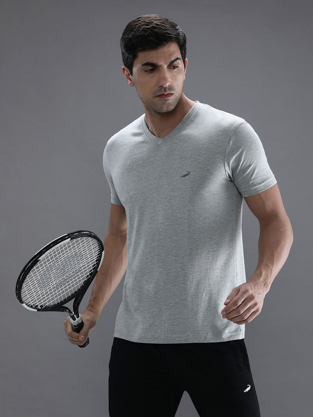 Crocodile Men Grey V-Neck Cotton T-shirt