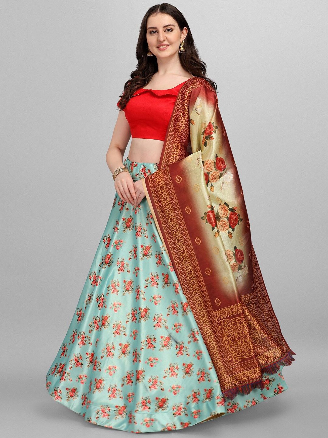 Fashion Basket Blue & Maroon Semi-Stitched Lehenga & Unstitched Blouse With Dupatta Price in India