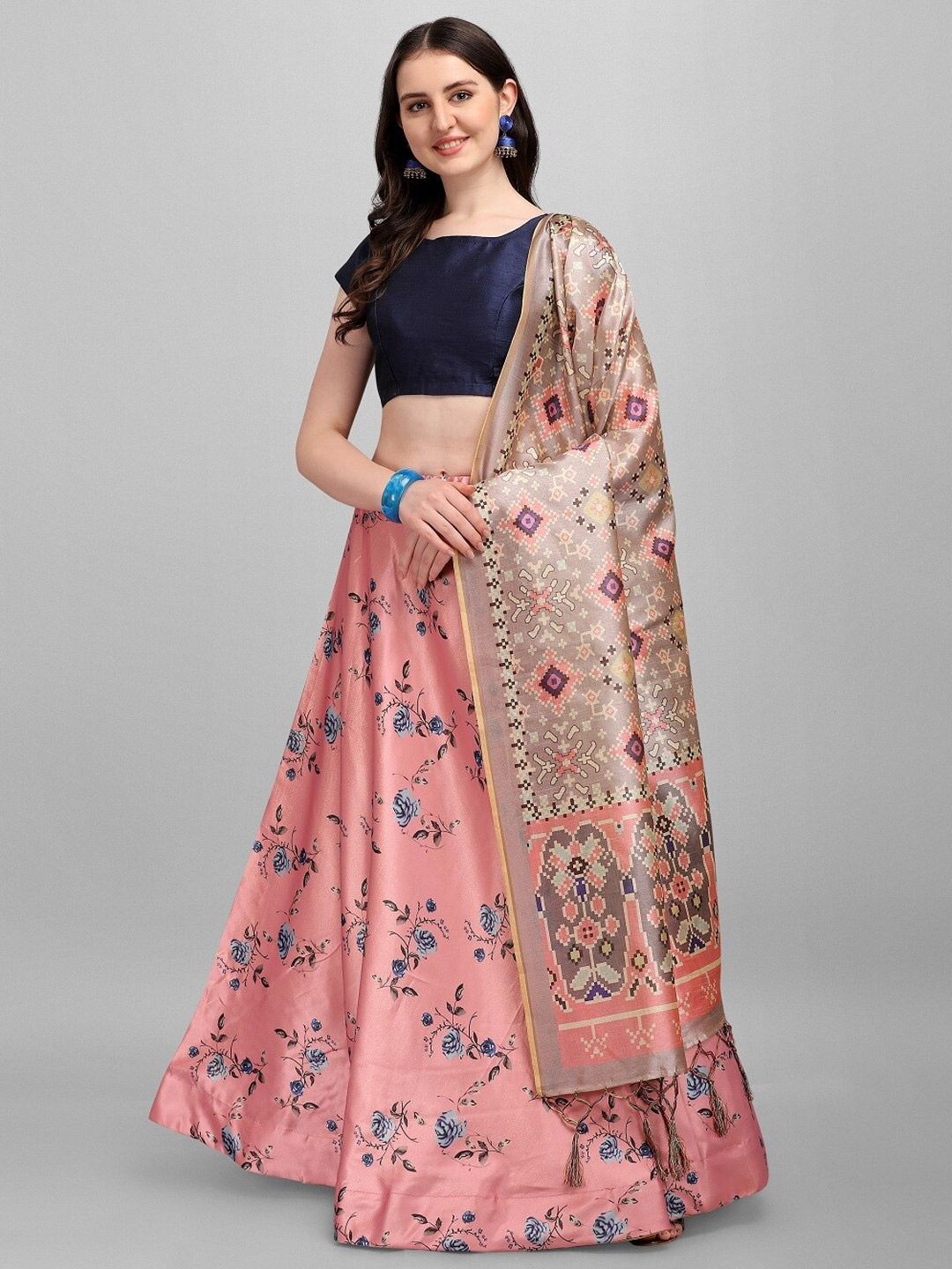 Fashion Basket Peach-Coloured & Blue Semi-Stitched Lehenga & Unstitched Blouse With Dupatta Price in India