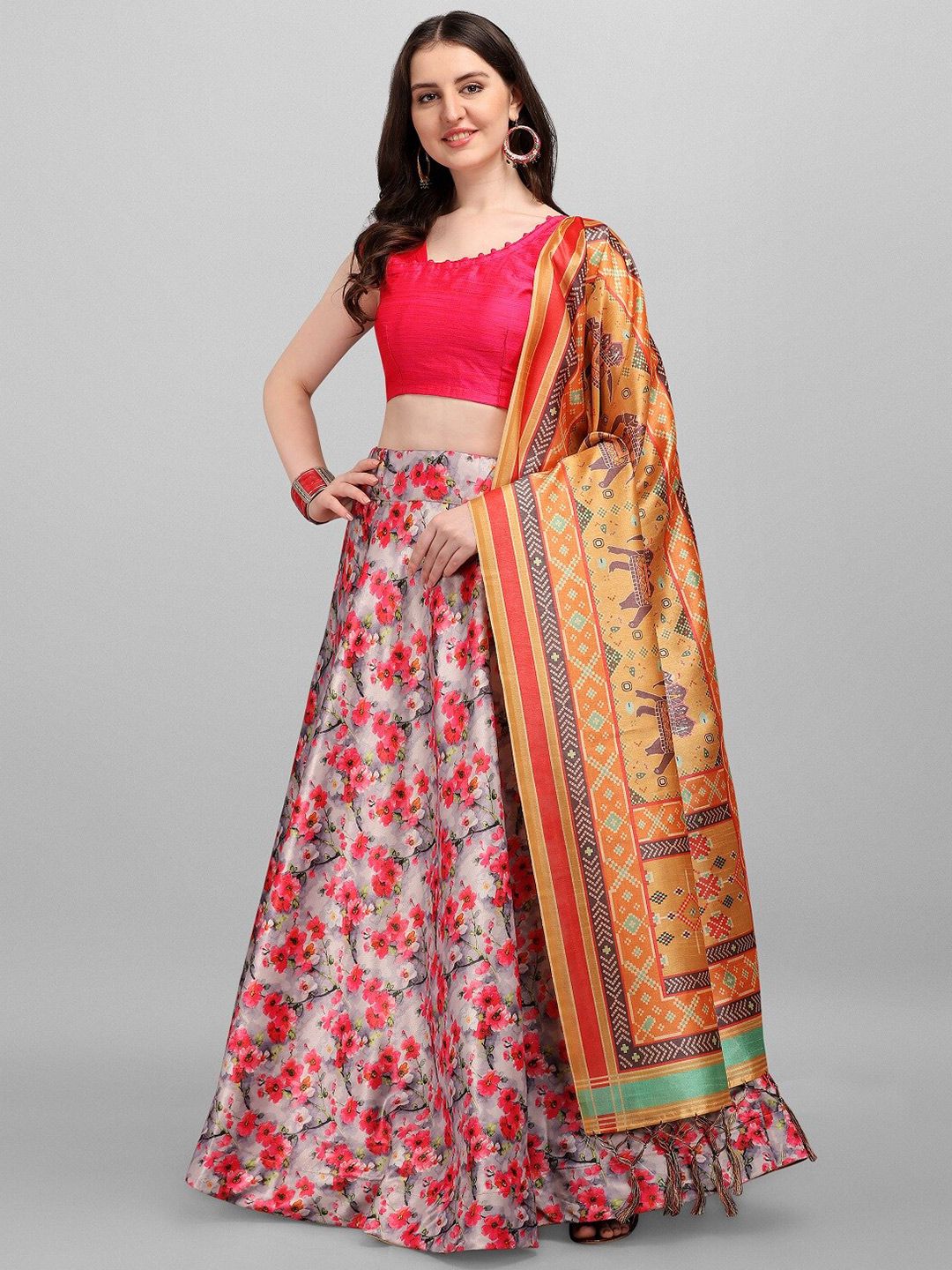 Fashion Basket Grey & Pink Semi-Stitched Lehenga & Unstitched Blouse With Dupatta Price in India