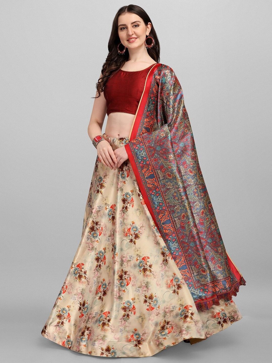 Fashion Basket Beige & Green Semi-Stitched Lehenga & Unstitched Blouse With Dupatta Price in India
