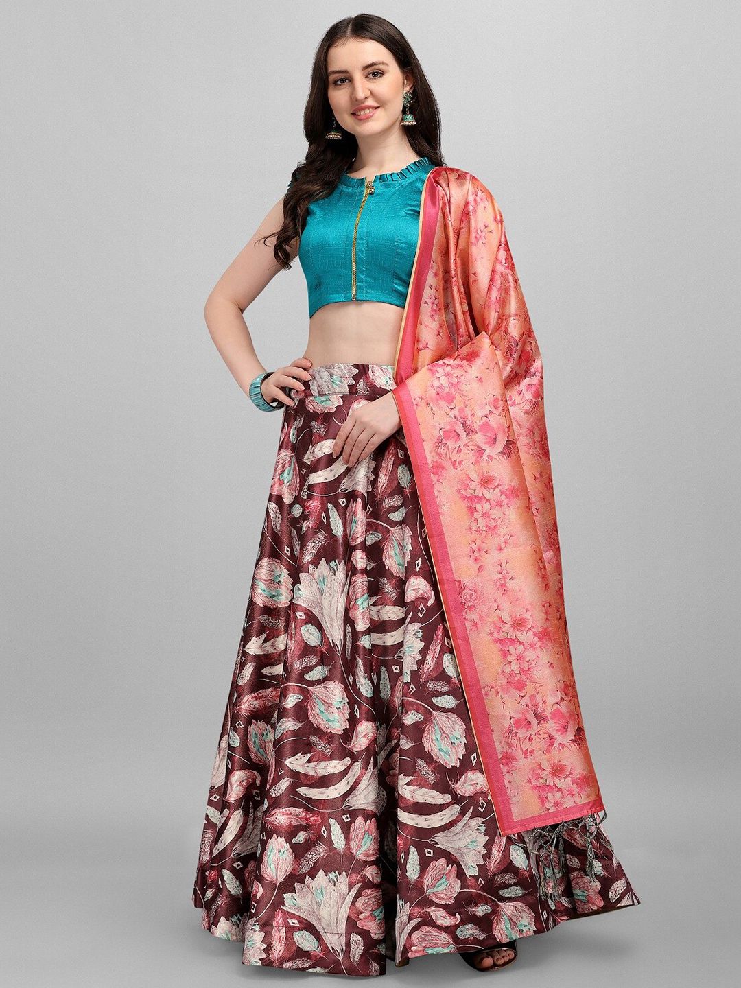 Fashion Basket Brown & Pink Semi-Stitched Lehenga & Unstitched Blouse With Dupatta Price in India