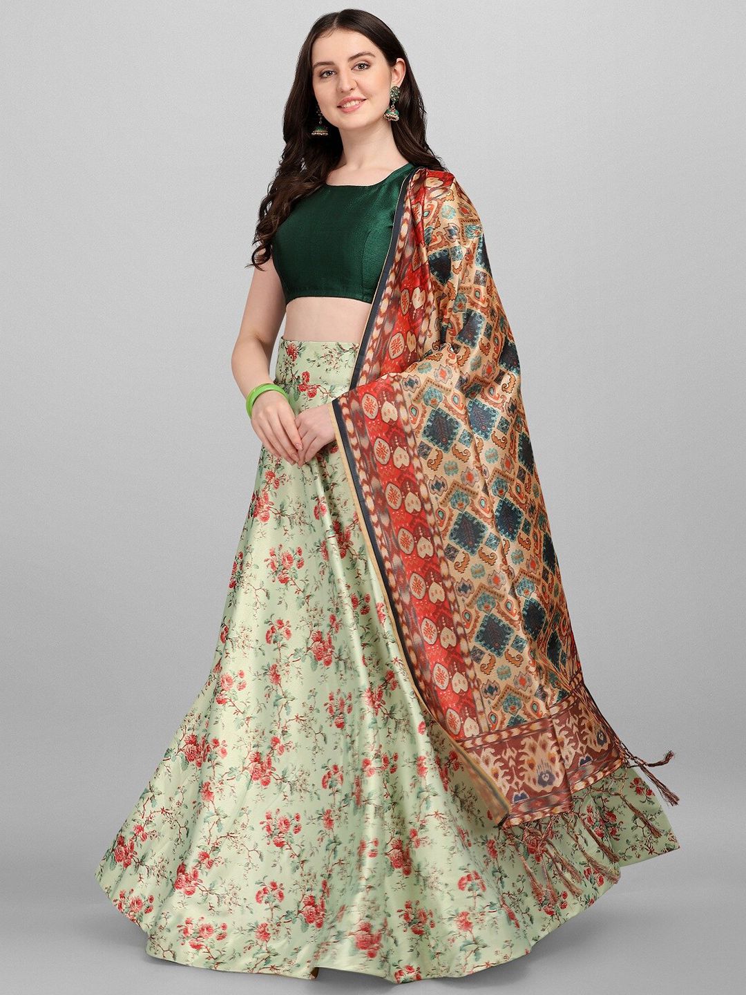 Fashion Basket Turquoise Blue & Red Semi-Stitched Lehenga & Unstitched Blouse With Dupatta Price in India