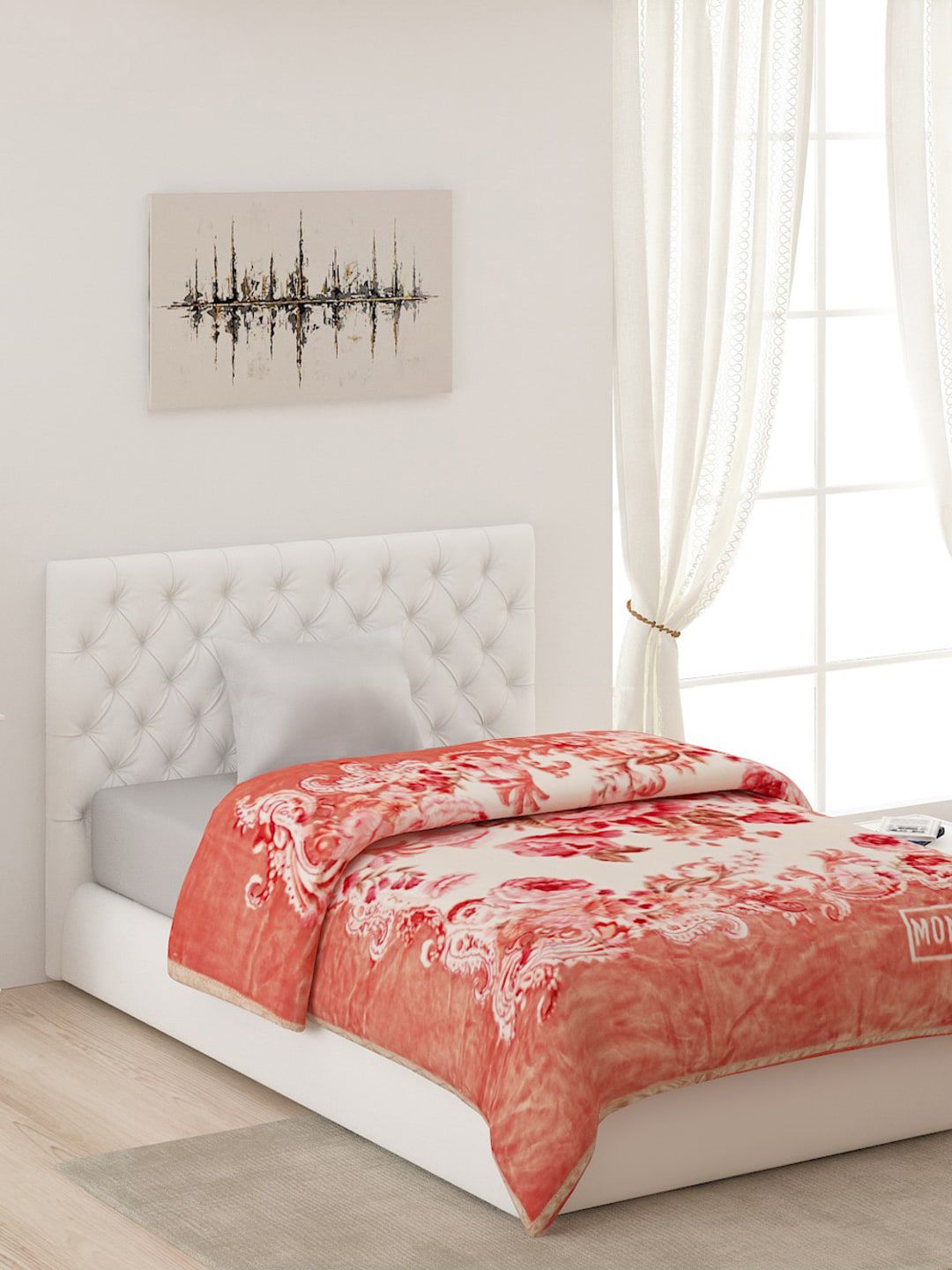Monte Carlo White & Peach-Coloured Floral AC Room Single Bed Blanket Price in India
