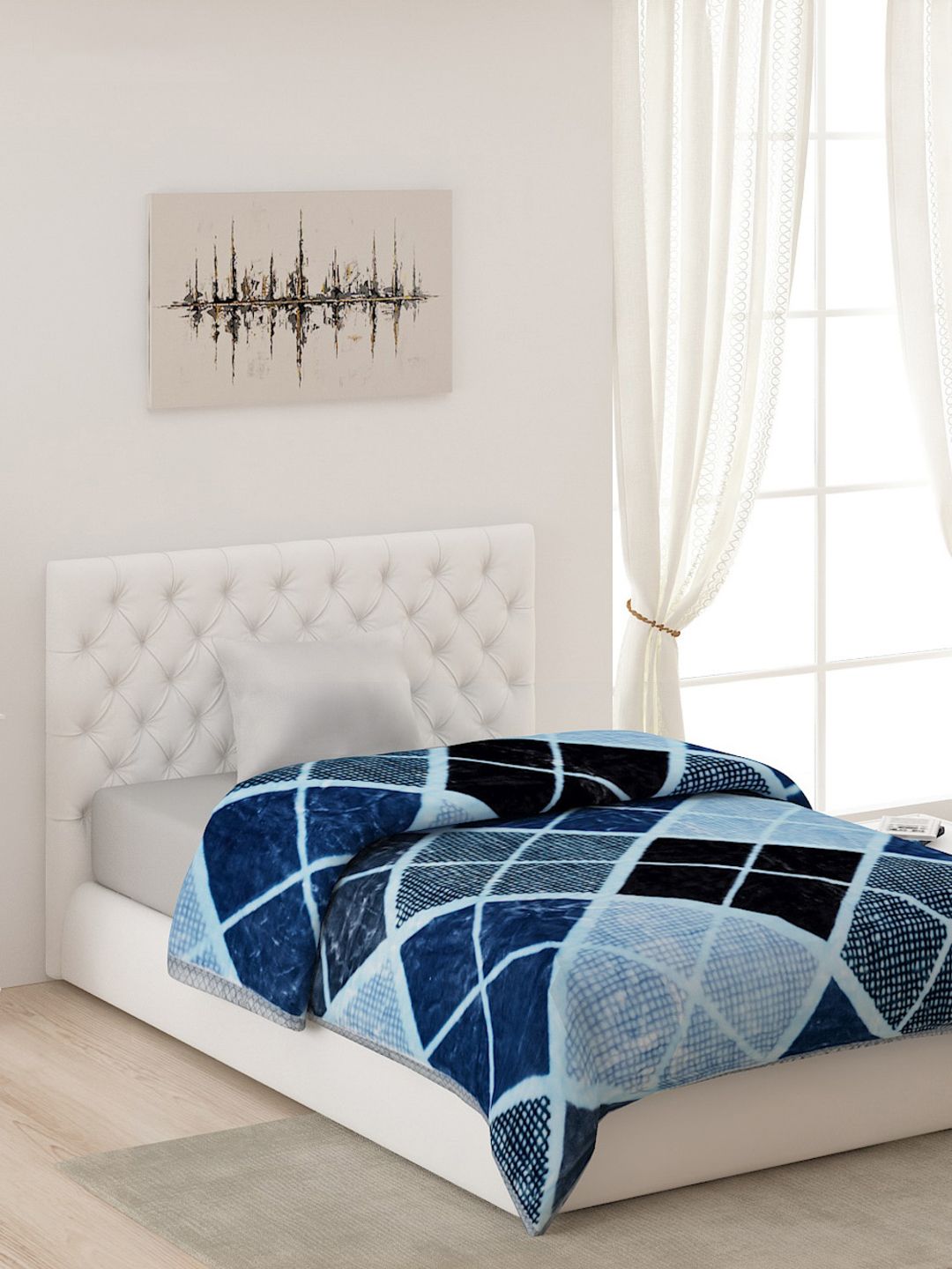 Monte Carlo Blue & Black Geometric AC Room Single Bed Blanket Price in India