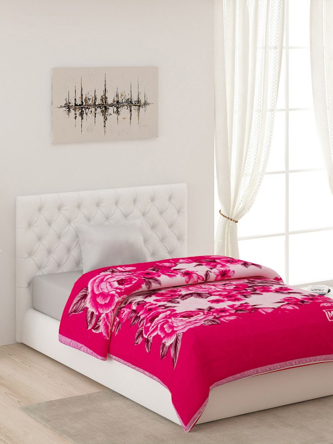 Monte Carlo Pink & White Floral AC Room Single Bed Blanket Price in India