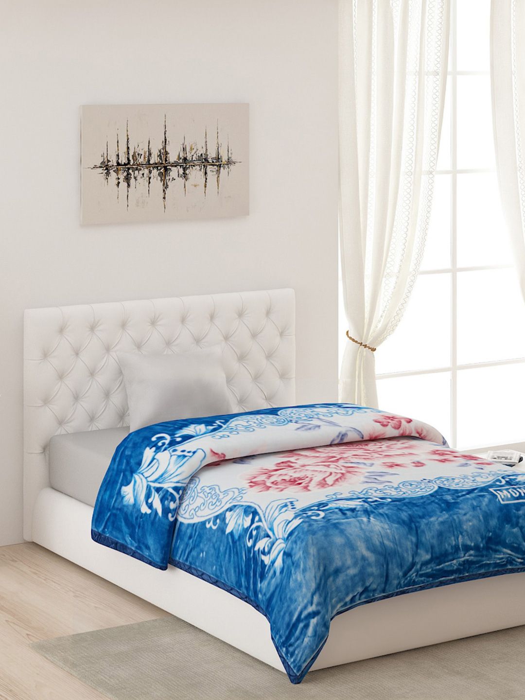 Monte Carlo White & Blue Floral AC Room Single Bed Blanket Price in India