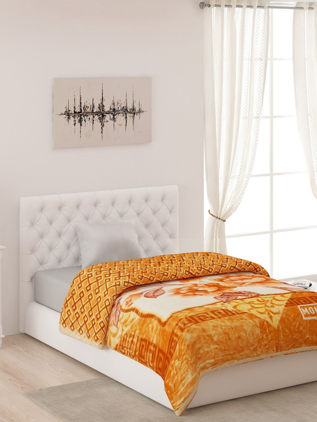 Monte Carlo Orange & White Floral AC Room Single Bed Blanket Price in India