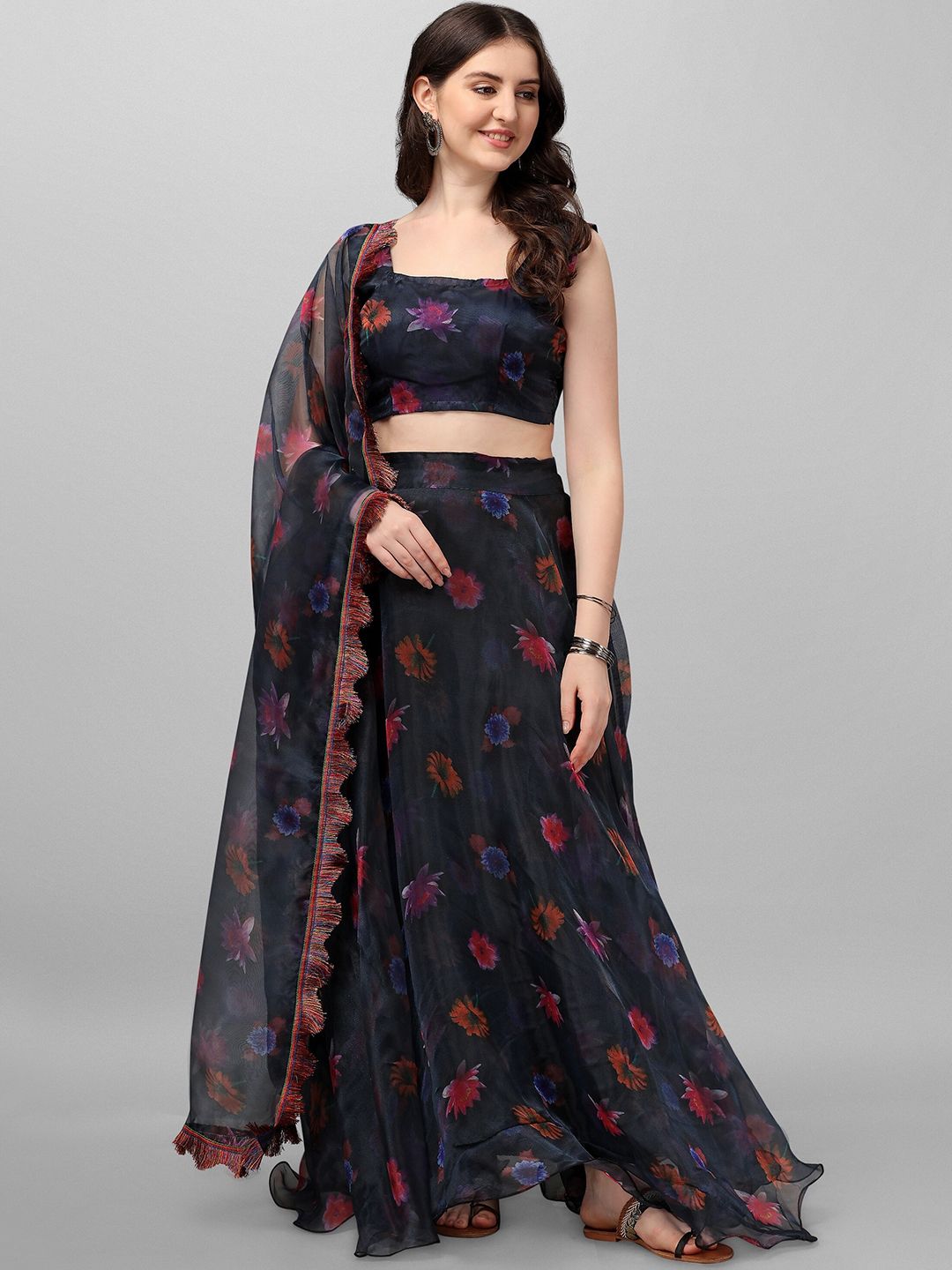 Fashion Basket Black & Pink Printed Semi-Stitched Lehenga & Unstitched Blouse With Dupatta Price in India