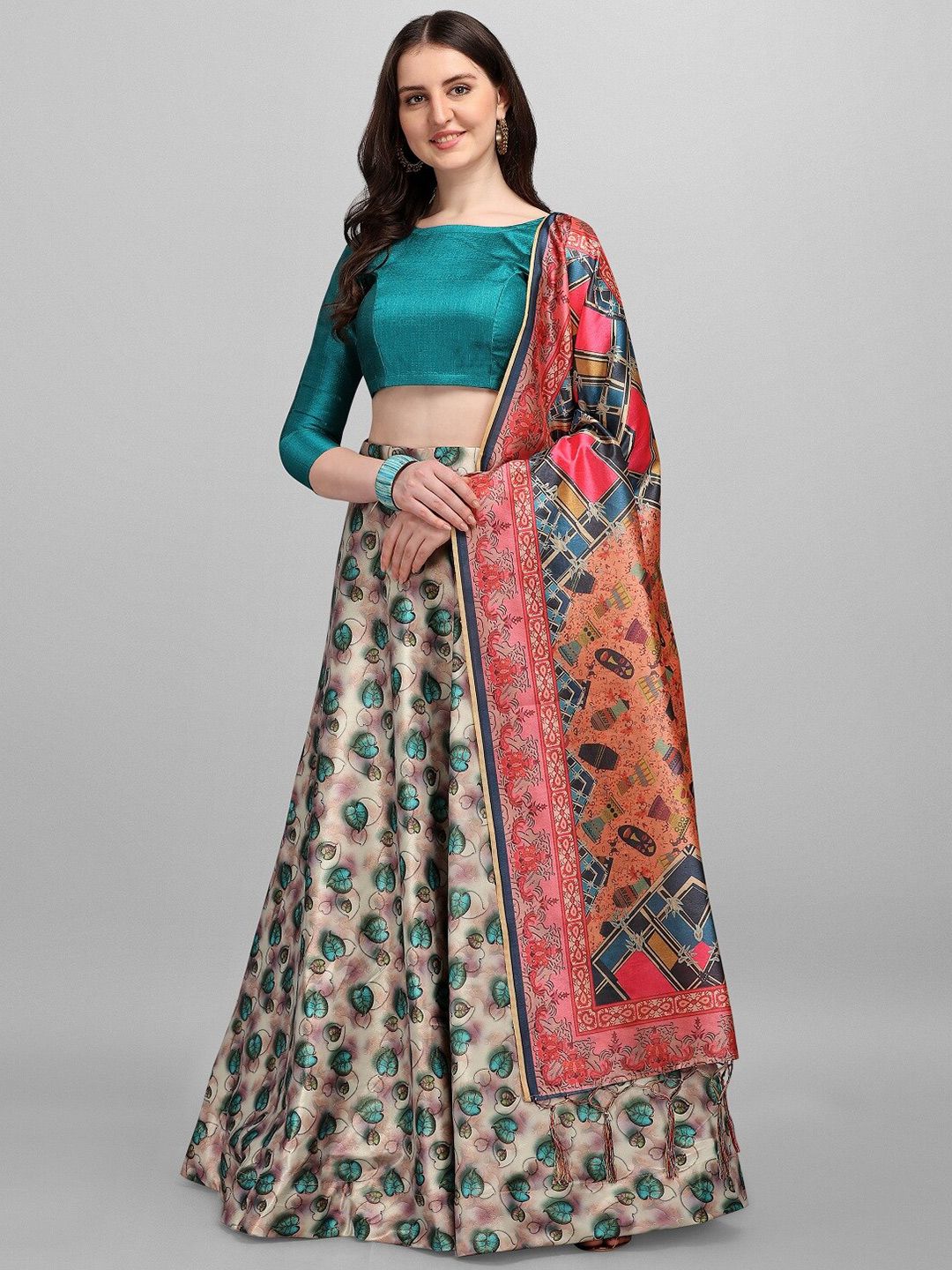 Fashion Basket Teal & Beige Semi-Stitched Lehenga & Unstitched Blouse With Dupatta Price in India