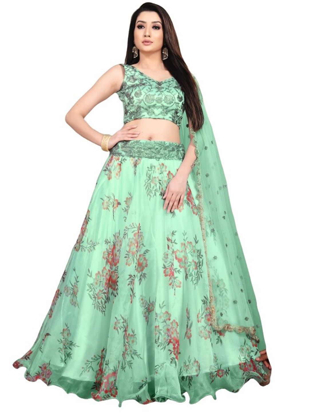 Fashion Basket Green & Pink Embroidered Sequinned Semi-Stitched Lehenga & Unstitched Blouse With Dupatta Price in India