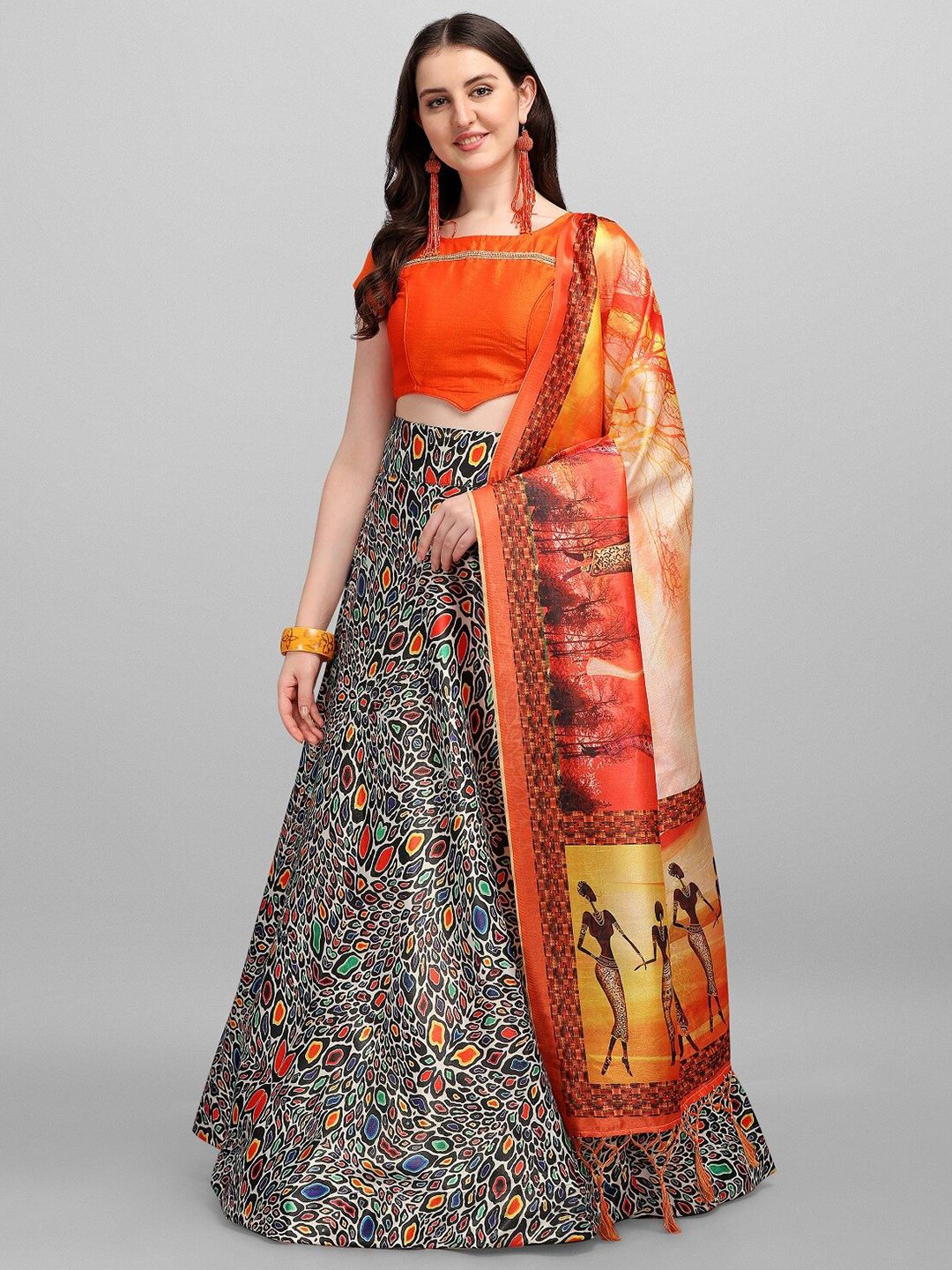 Fashion Basket Orange & Black Semi-Stitched Lehenga & Unstitched Blouse With Dupatta Price in India