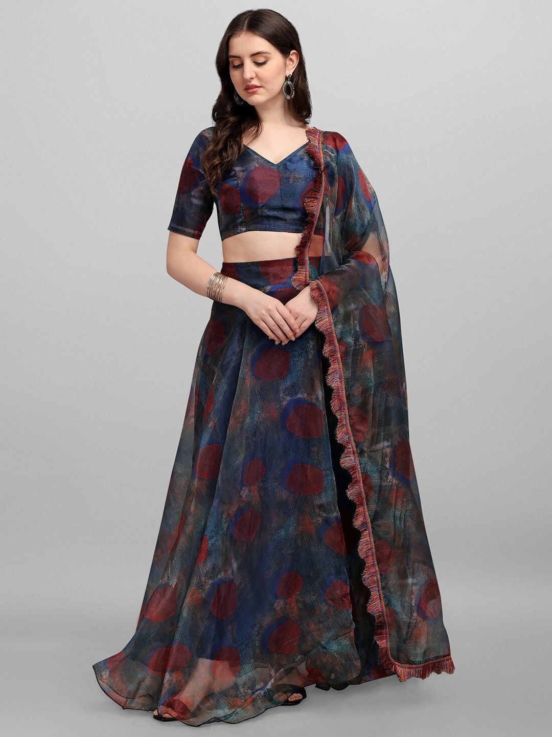 Fashion Basket Blue & Red Printed Semi-Stitched Lehenga & Unstitched Blouse With Dupatta Price in India