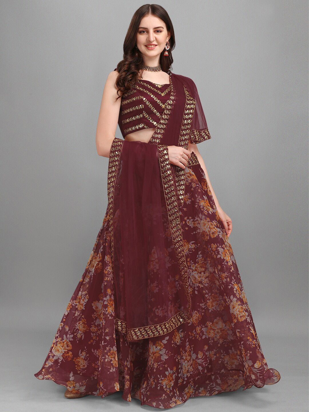 Fashion Basket Maroon & Orange Printed Semi-Stitched Lehenga & Unstitched Blouse With Dupatta Price in India