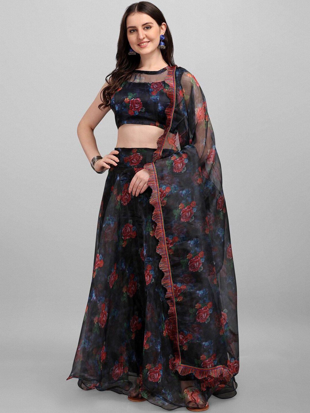 Fashion Basket Black & Maroon Printed Semi-Stitched Lehenga & Unstitched Blouse With Dupatta Price in India