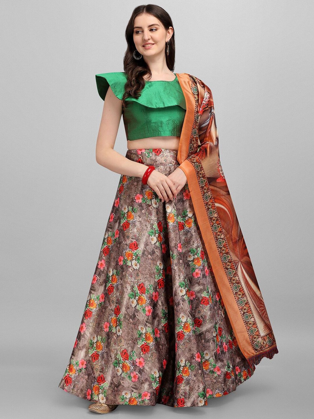 Fashion Basket Red & Cream-Coloured Semi-Stitched Lehenga & Unstitched Blouse With Dupatta Price in India