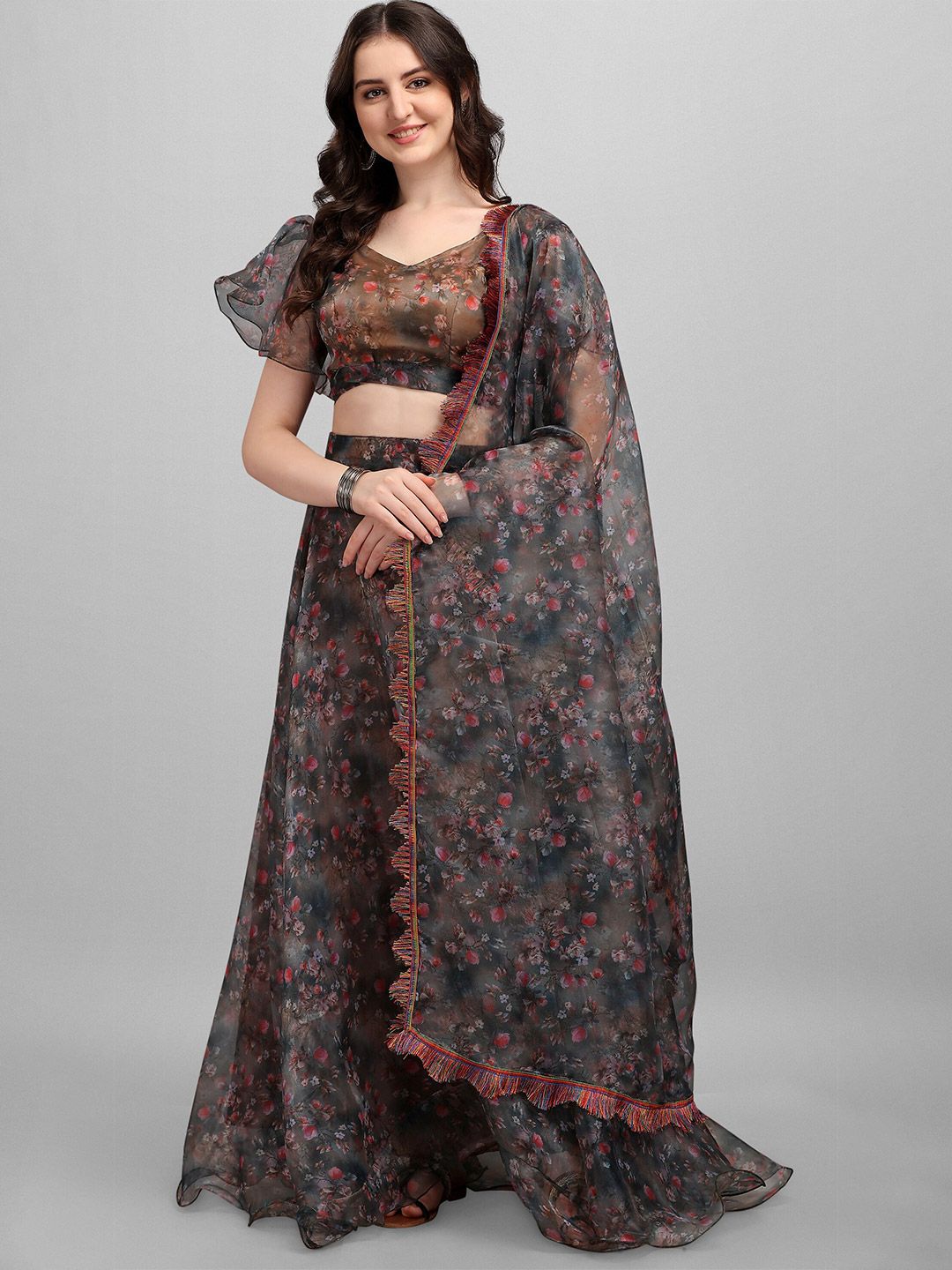Fashion Basket Brown & Grey Printed Semi-Stitched Lehenga & Unstitched Blouse With Dupatta Price in India