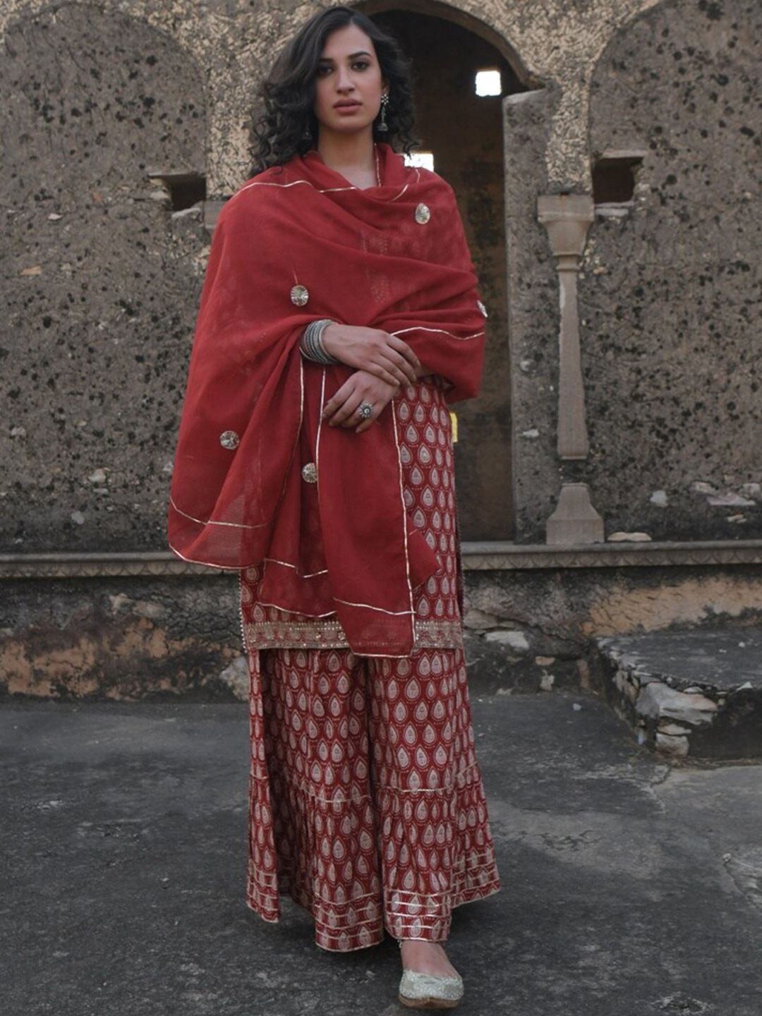 KARAJ JAIPUR Women Red Embroidered Angrakha Pure Cotton Kurti with Skirt & With Dupatta Price in India