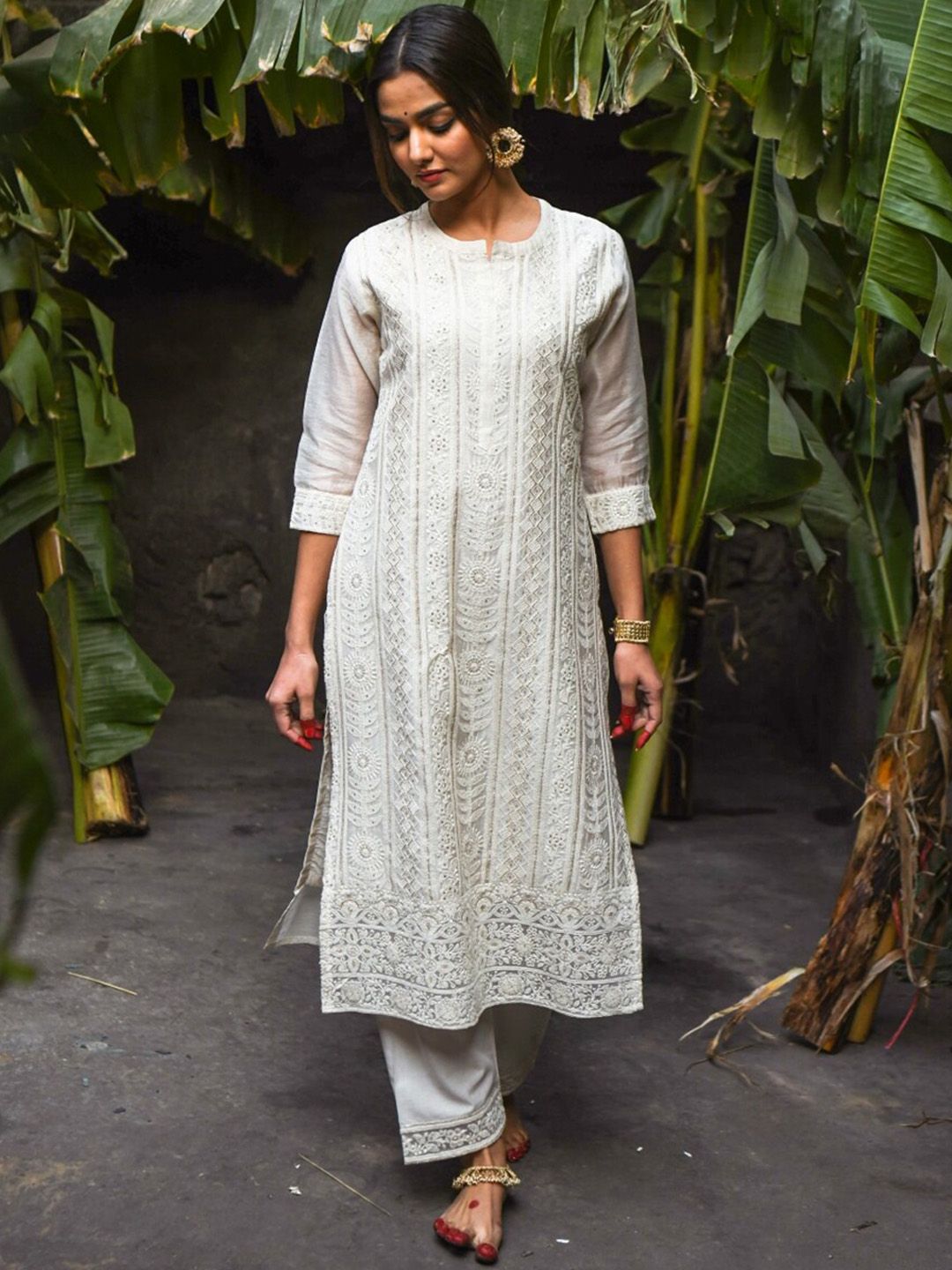 KARAJ JAIPUR Women Off White Ethnic Motifs Embroidered Chanderi Cotton Kurta with Trousers & With Dupatta Price in India