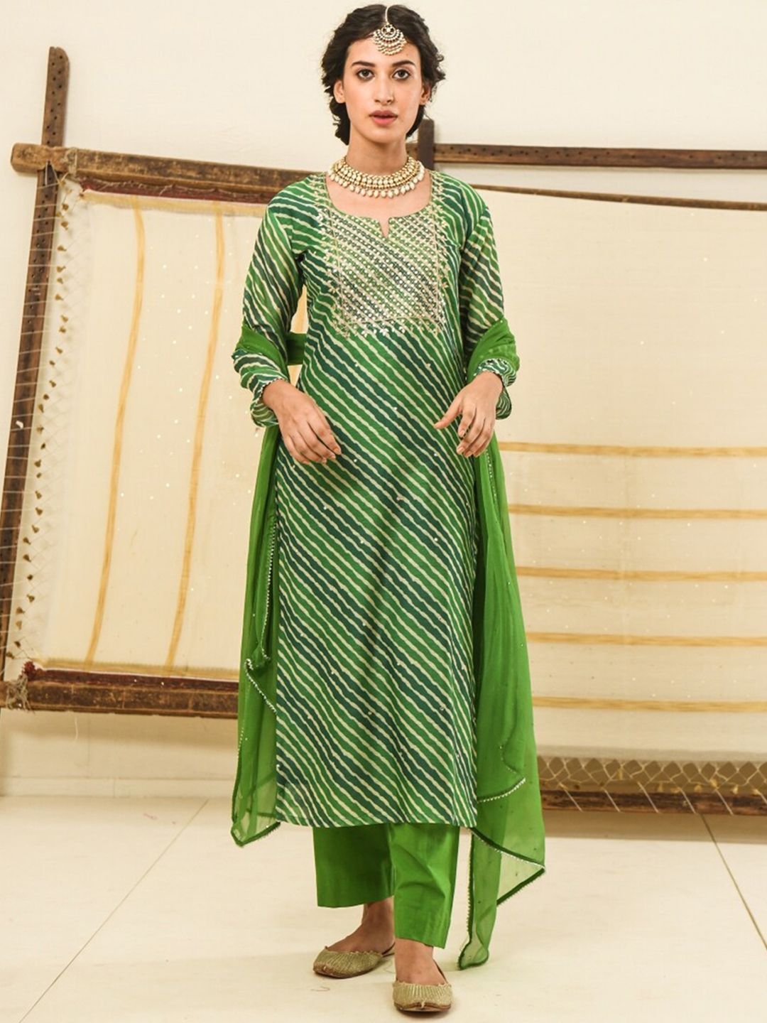 KARAJ JAIPUR Women Green Printed Chanderi Cotton Kurta with Churidar & With Dupatta Price in India