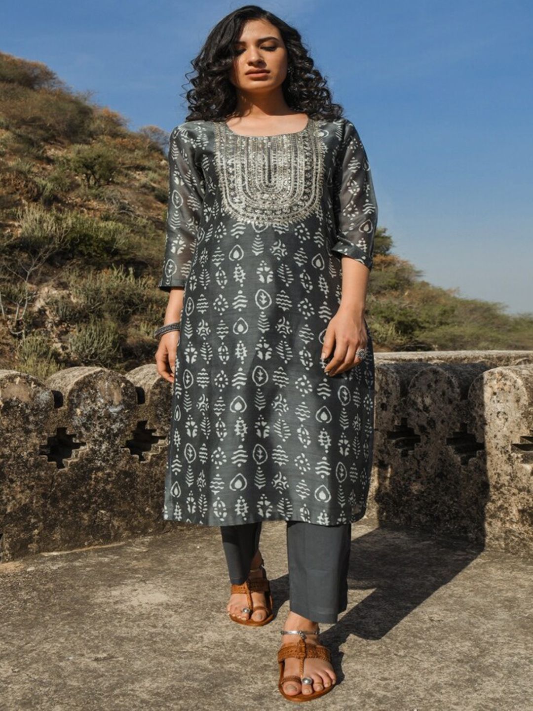 KARAJ JAIPUR Women Grey Printed Layered Chanderi Cotton Kurta with Trousers & With Dupatta Price in India