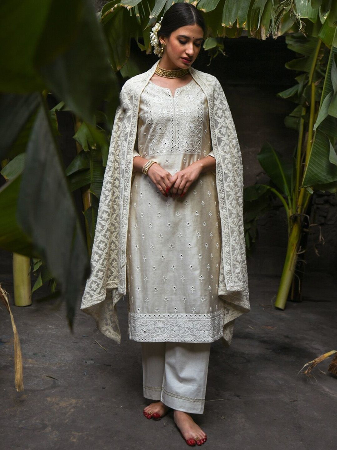 KARAJ JAIPUR Women Off White Embroidered Layered Chanderi Cotton Kurta with Trousers & With Dupatta Price in India