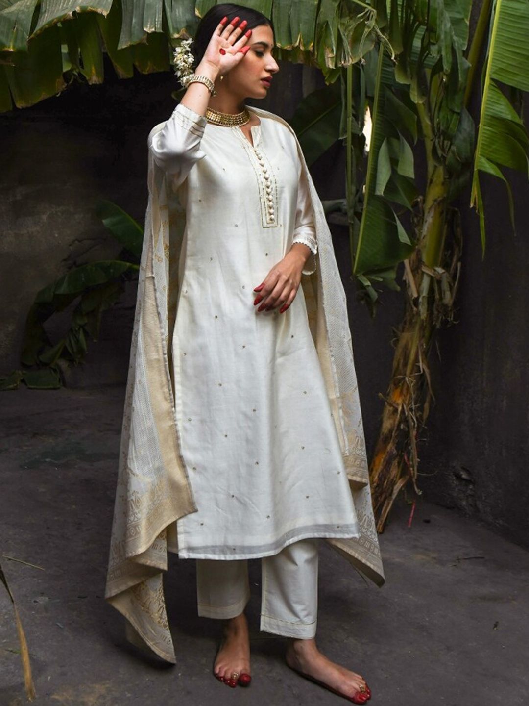 KARAJ JAIPUR Women Cream-Coloured Embroidered Layered Chanderi Cotton Kurti with Sharara & With Dupatta Price in India