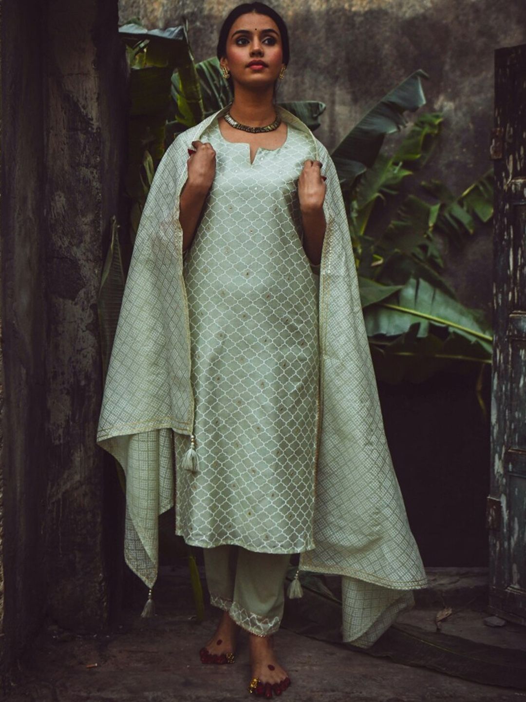 KARAJ JAIPUR Women Green Embroidered Chanderi Cotton Kurta with Palazzos & With Dupatta Price in India