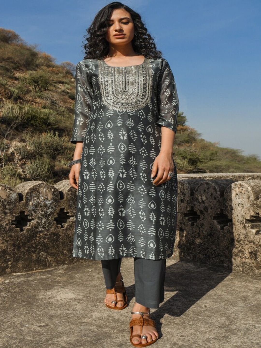 KARAJ JAIPUR Women Grey Printed Layered Chanderi Cotton Kurta with Trousers & With Dupatta Price in India