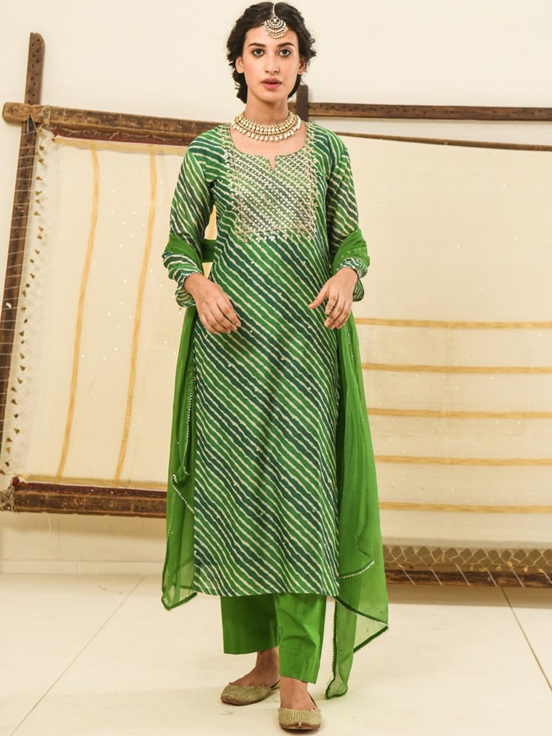 KARAJ JAIPUR Women Green Printed Chanderi Cotton Kurta with Churidar & With Dupatta Price in India