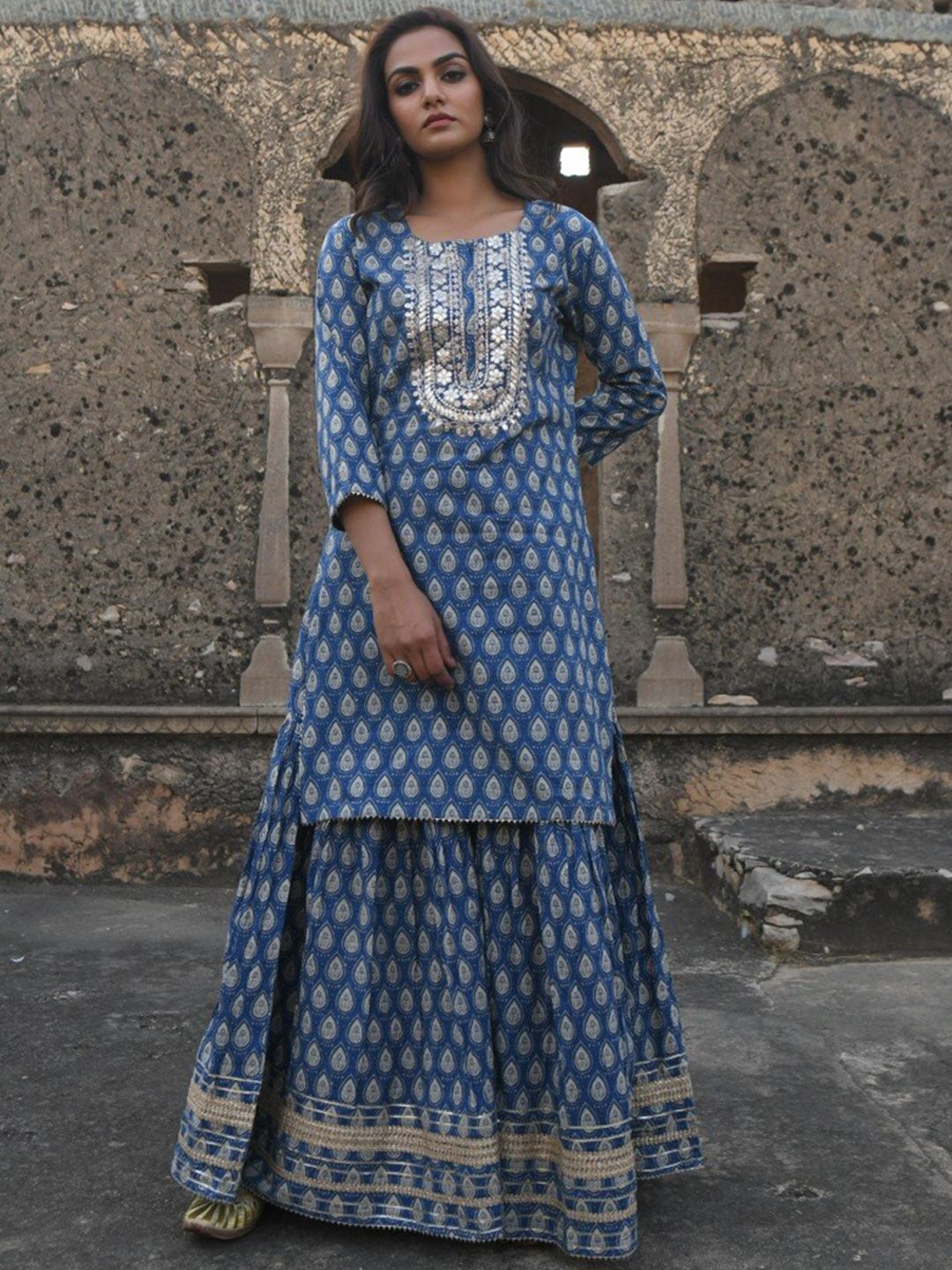 KARAJ JAIPUR Women Blue Printed Pure Cotton Kurta with Palazzos & With Dupatta Price in India