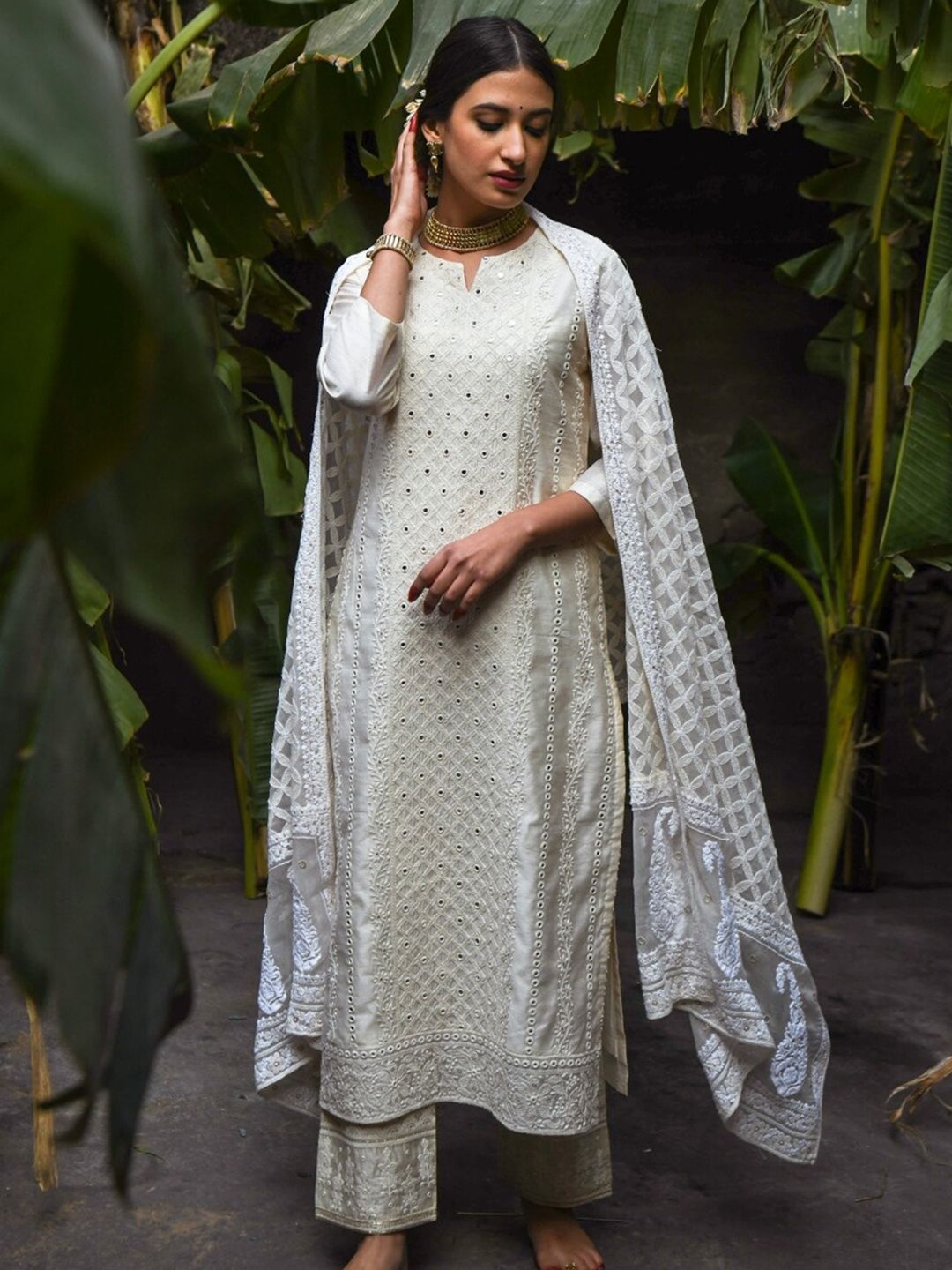 KARAJ JAIPUR Women Off White Embroidered Chanderi Cotton Kurta with Trousers & With Dupatta Price in India