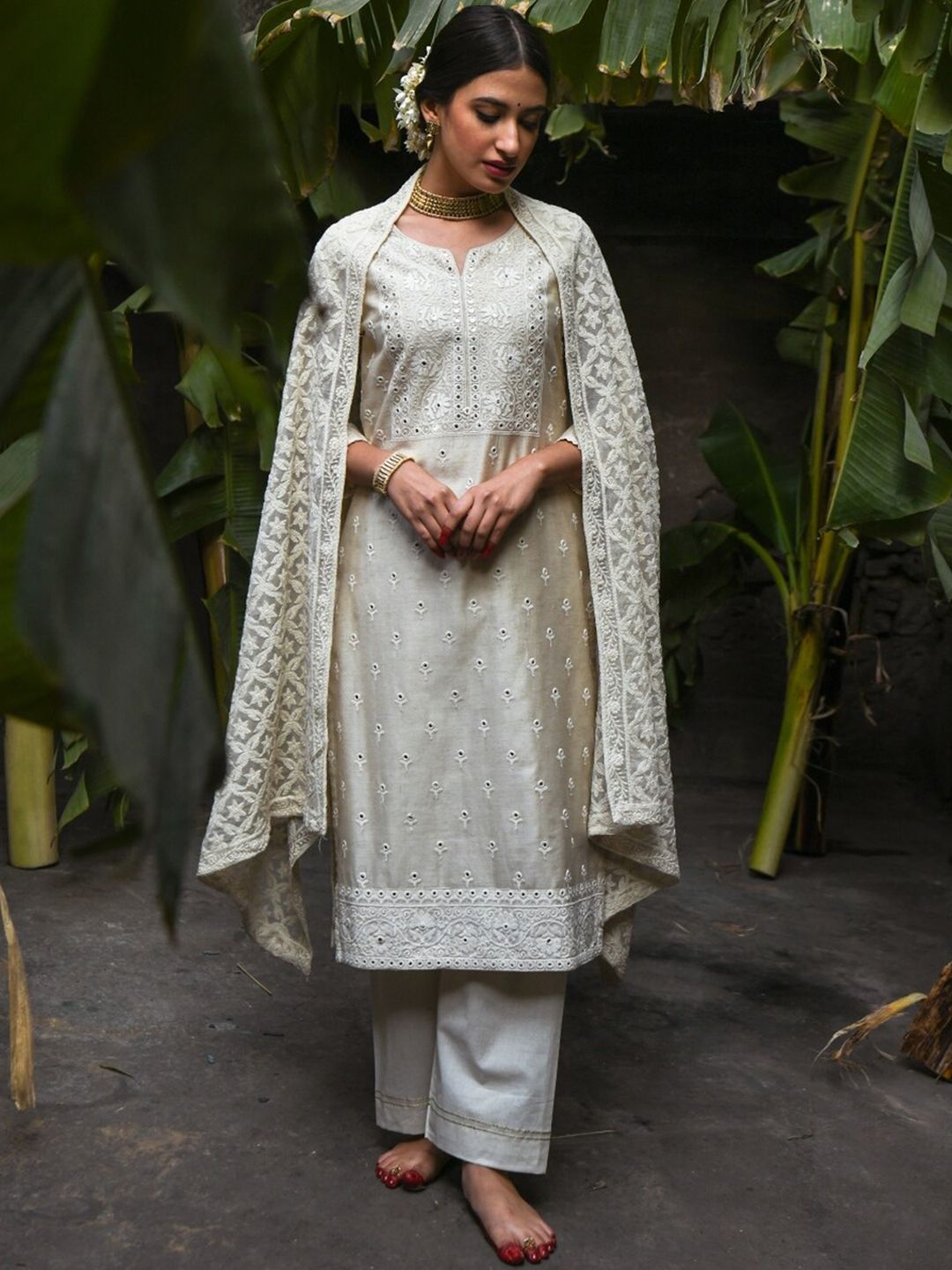 KARAJ JAIPUR Women Off White Embroidered Layered Chanderi Cotton Kurta with Trousers & With Dupatta Price in India