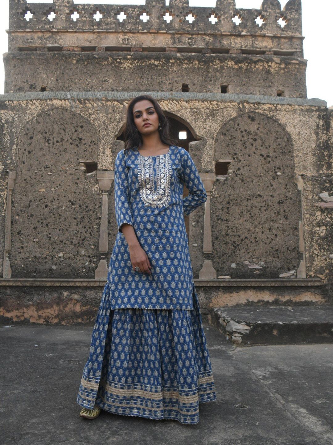 KARAJ JAIPUR Women Blue Printed Pure Cotton Kurta with Palazzos & With Dupatta Price in India