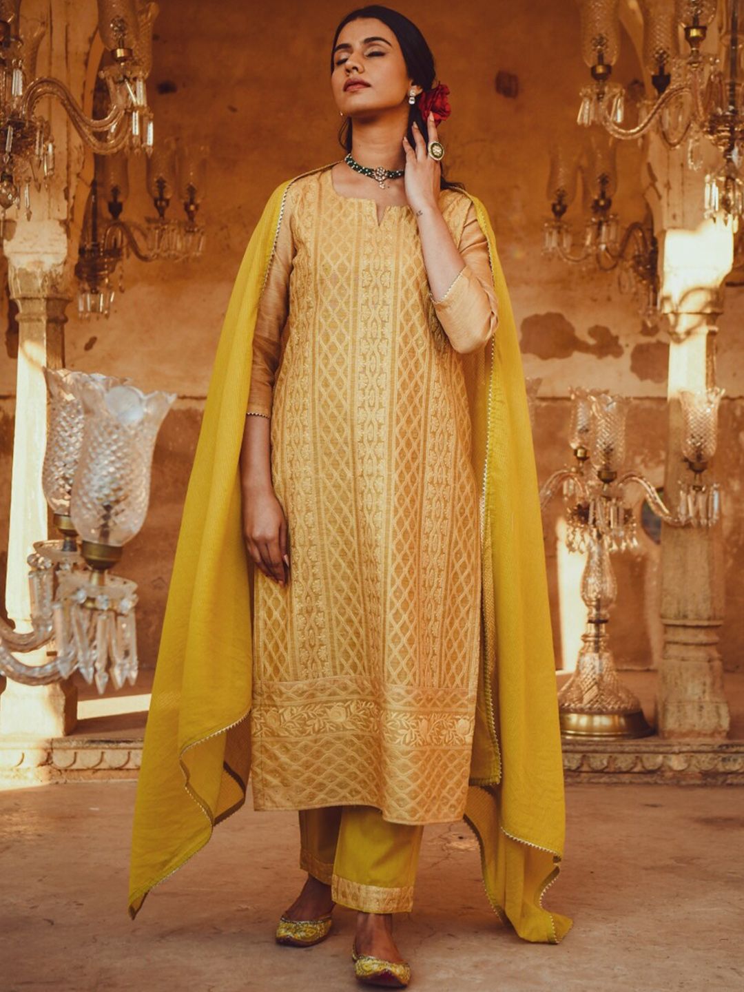 KARAJ JAIPUR Women Mustard Yellow Ethnic Motifs Embroidered Chanderi Cotton Kurta with Trousers & With Price in India