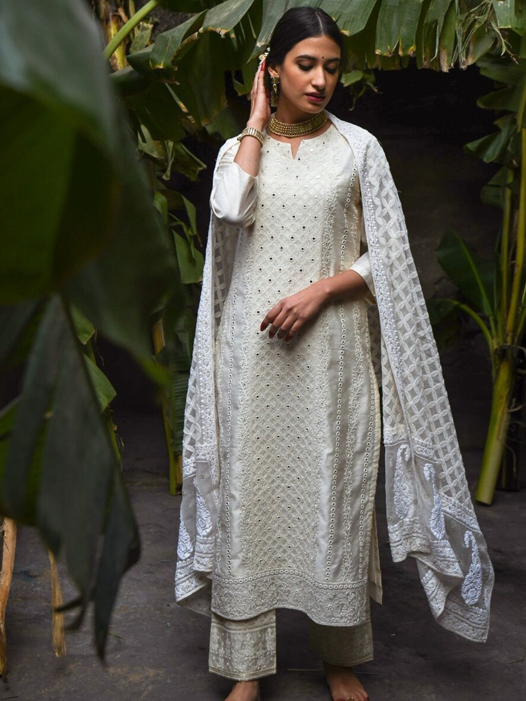 KARAJ JAIPUR Women Off White Embroidered Chanderi Cotton Kurta with Trousers & With Dupatta Price in India