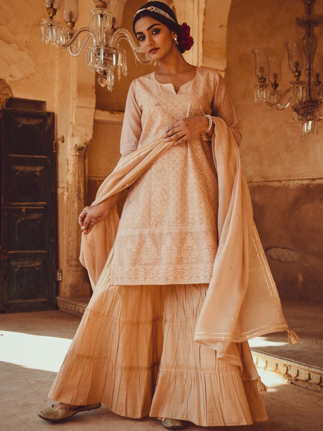 KARAJ JAIPUR Women Peach-Coloured Embroidered Chanderi Cotton Kurta with Churidar & With Dupatta Price in India