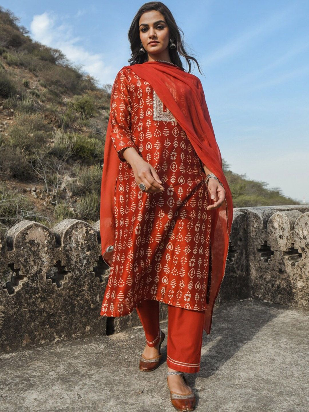 KARAJ JAIPUR Women Red Ethnic Motifs Printed Chanderi Cotton Kurta with Trousers & With Dupatta Price in India