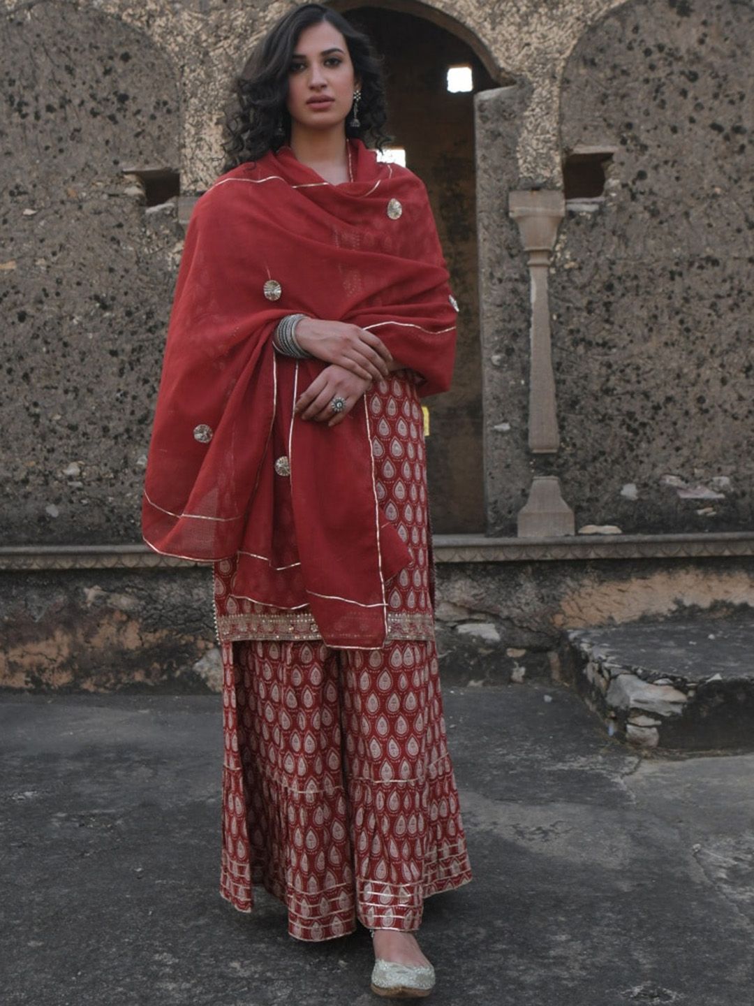 KARAJ JAIPUR Women Red Embroidered Angrakha Pure Cotton Kurti with Skirt & With Dupatta Price in India