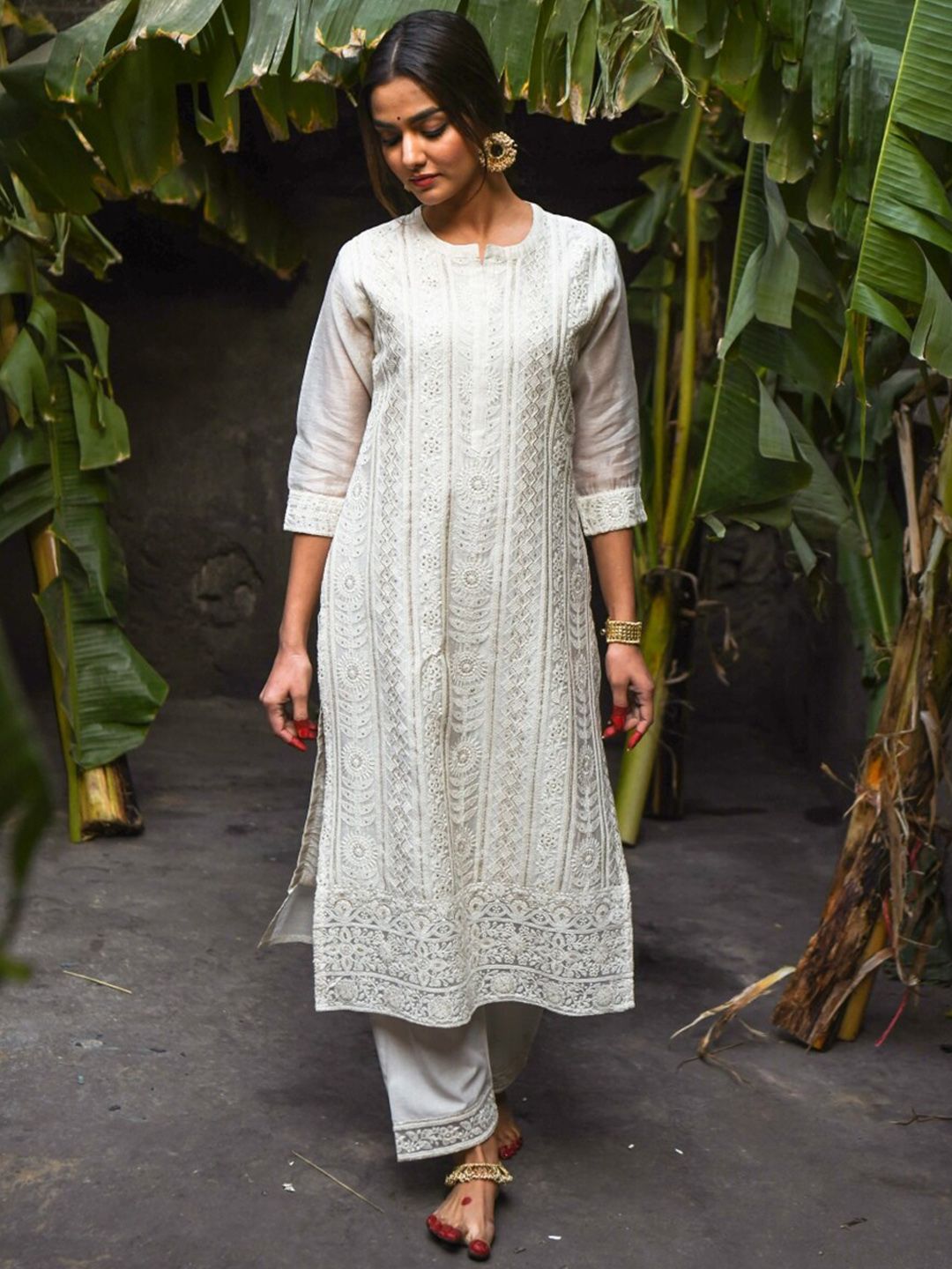 KARAJ JAIPUR Women Off White Ethnic Motifs Embroidered Chanderi Cotton Kurta with Trousers & With Dupatta Price in India