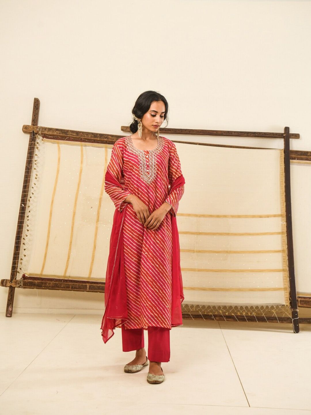 KARAJ JAIPUR Women Pink Empire Chanderi Cotton Kurti with Trousers & With Dupatta Price in India