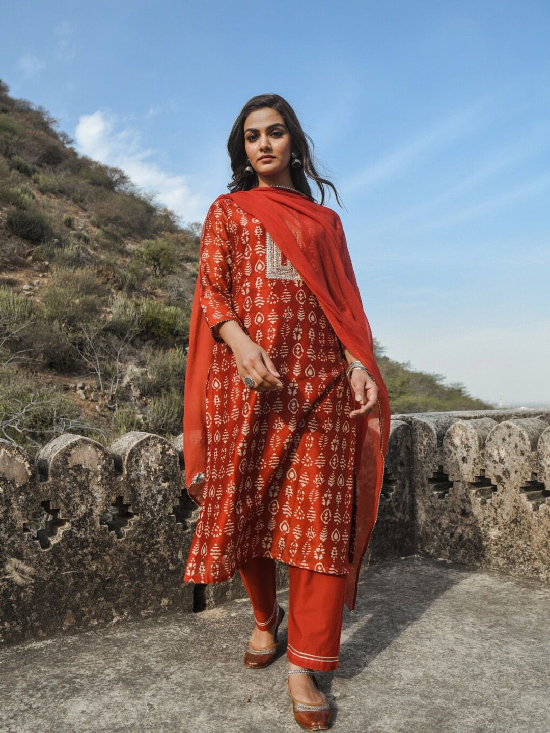 KARAJ JAIPUR Women Red Ethnic Motifs Printed Chanderi Cotton Kurta with Trousers & With Dupatta Price in India