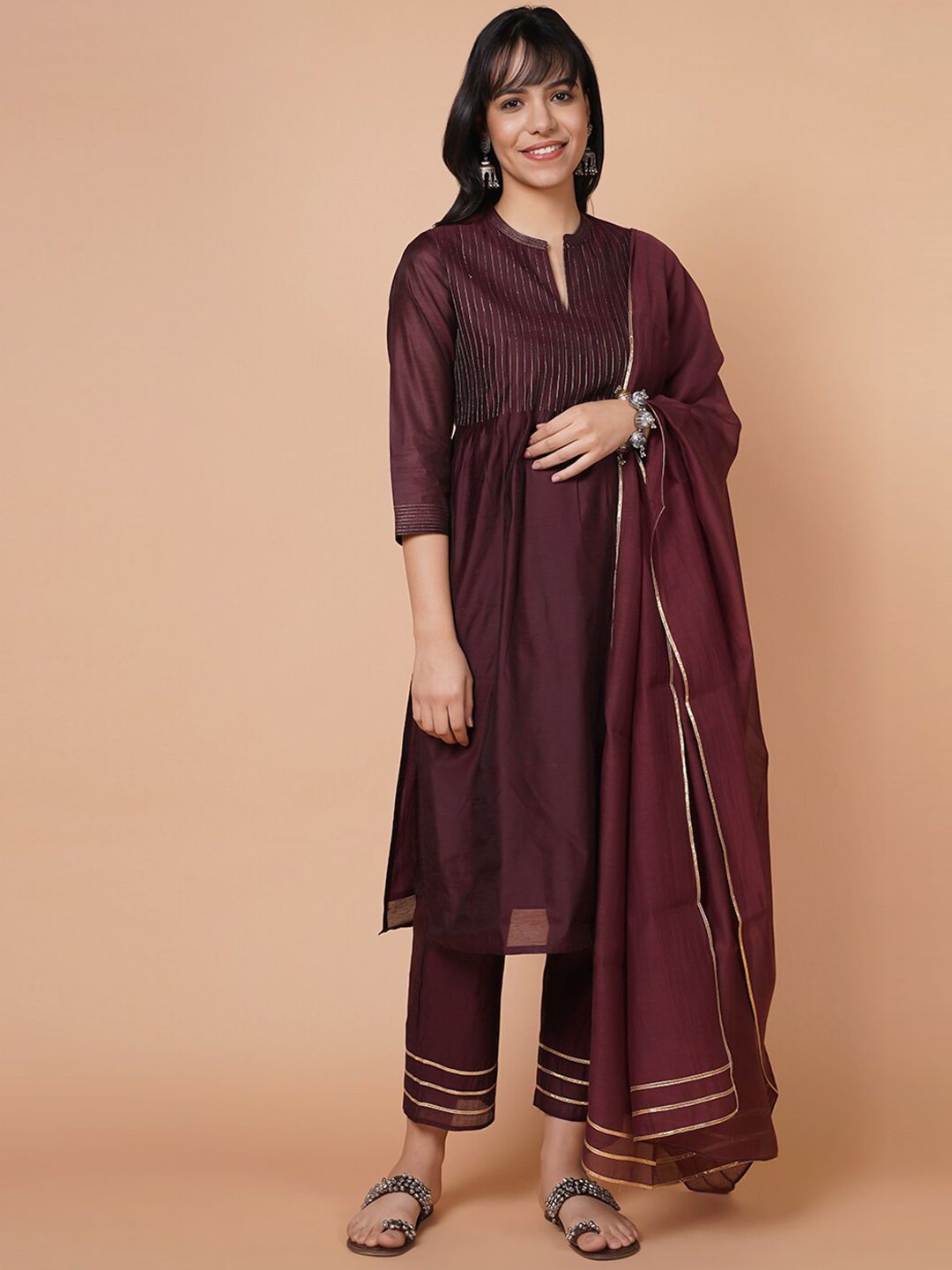 BARARA ETHNIC Women Burgundy Ethnic Motifs Embroidered Pleated Kurti with Trousers & With Dupatta Price in India