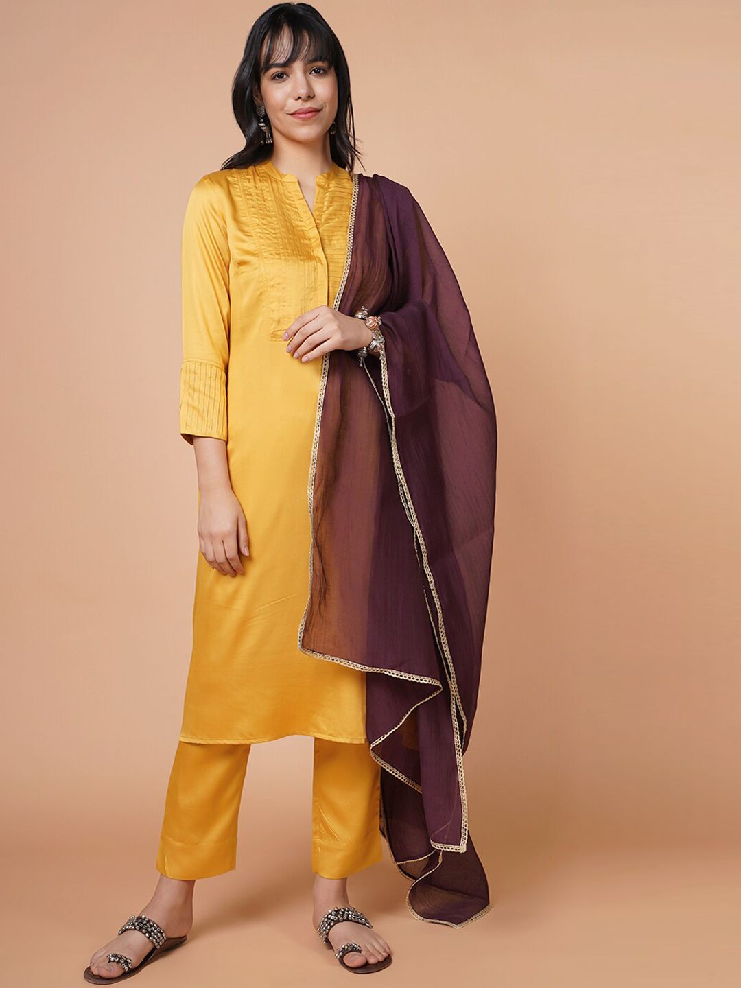 BARARA ETHNIC Women Yellow Ethnic Motifs Yoke Design Panelled Kurti with Trousers & With Dupatta Price in India