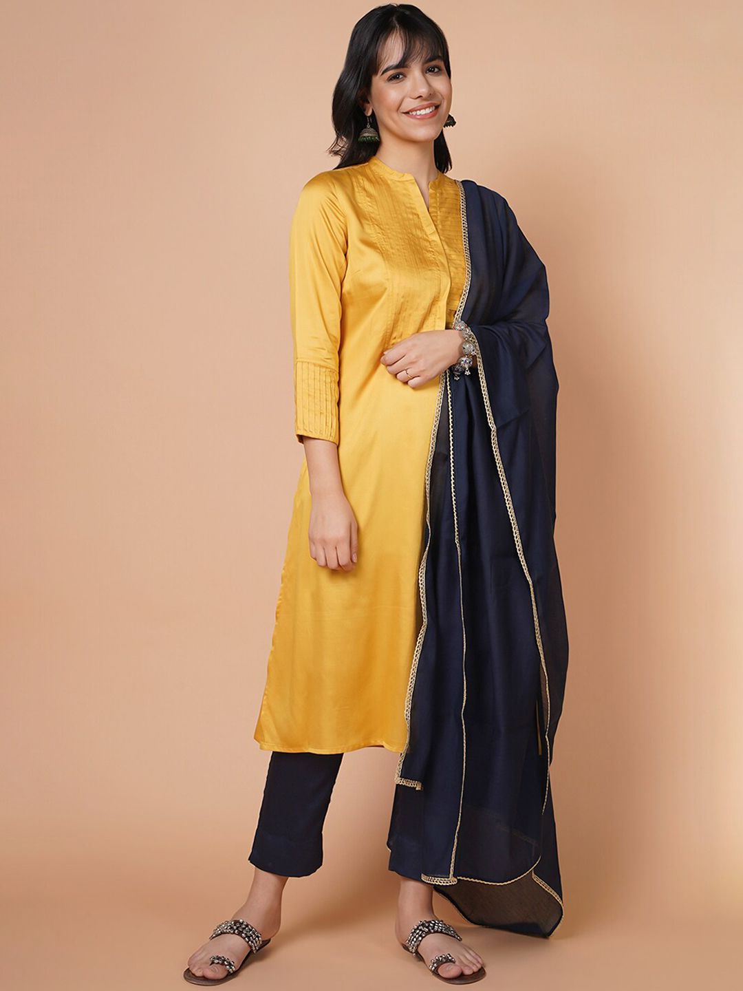 BARARA ETHNIC Women Yellow Embroidered Empire Kurti with Trousers & With Dupatta Price in India