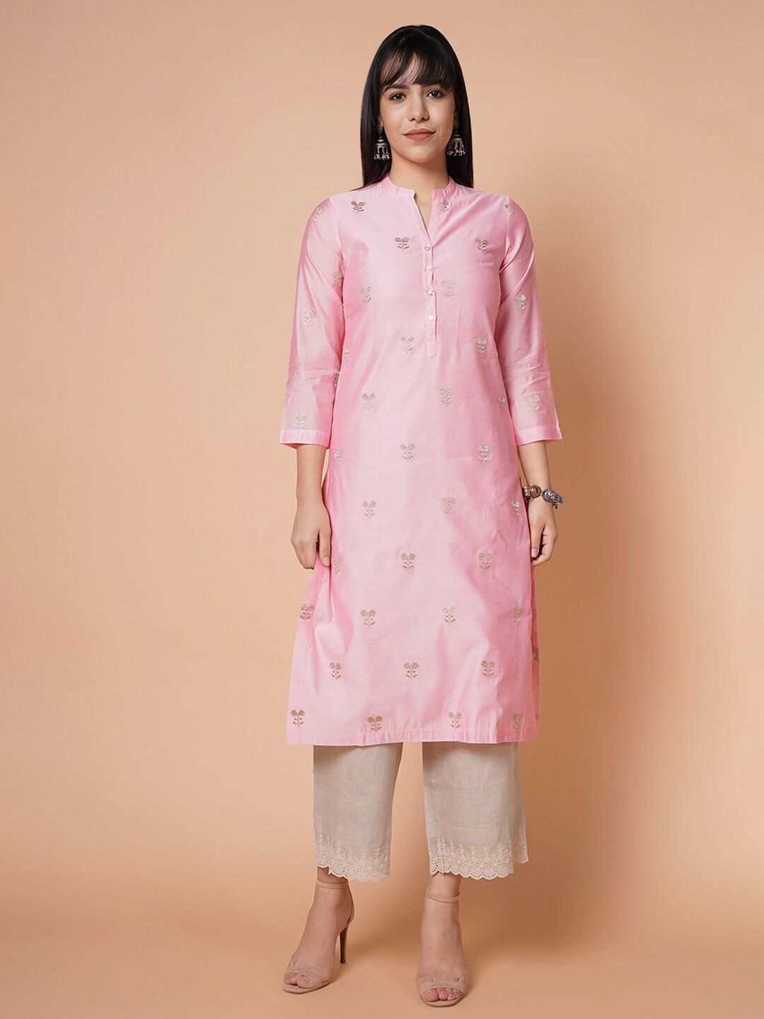 BARARA ETHNIC Women Pink & Golden Ethnic Motifs Embroidered Chanderi Silk Kurta Price in India