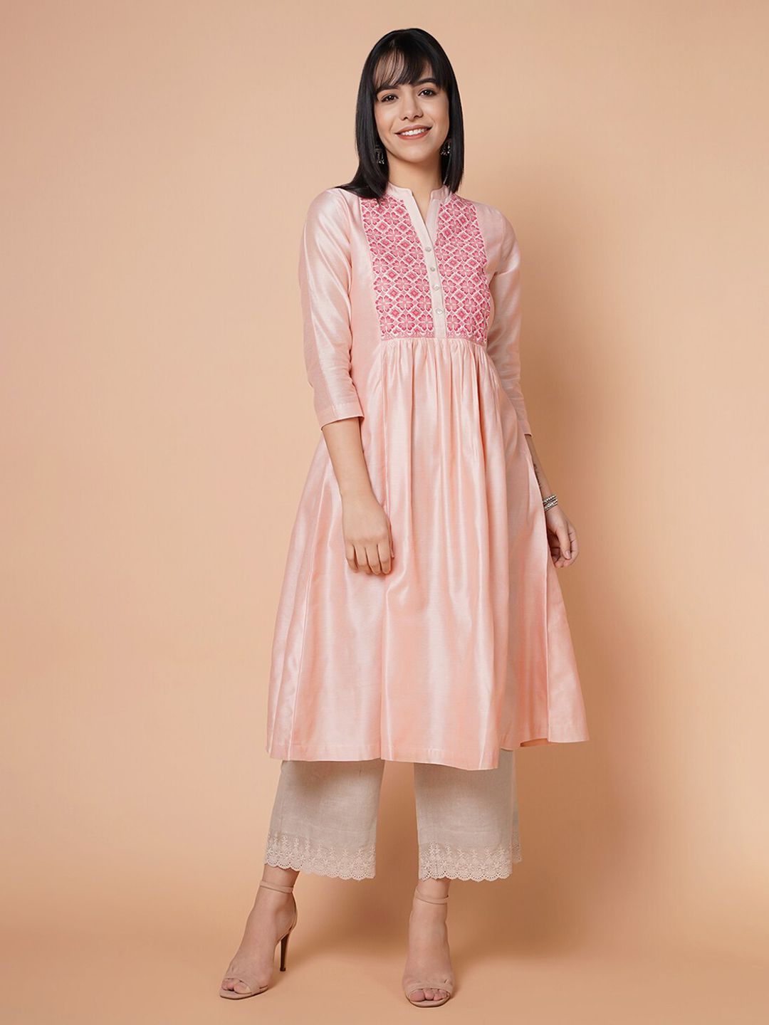 BARARA ETHNIC Women Peach-Coloured Geometric Yoke Design Chanderi Silk A-line Kurta Price in India